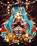  aqua_eyes aqua_hair bad_id bad_pixiv_id bat bat_wings beamed_eighth_notes book candle candy cupcake dangmill eighth_note food garter_straps hair_ornament hairclip halloween hatsune_miku highres jack-o'-lantern long_hair musical_note open_mouth skirt solo star striped striped_legwear thighhighs twintails very_long_hair vocaloid wings 