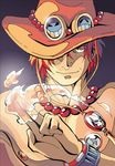  1boy 89139804364 bracelet fire freckles hat hat_over_one_eye jewelry male male_focus necklace one_piece portgas_d_ace solo stampede_string topless 