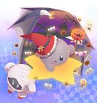  alternate_color bandage candy crescent_moon dark_meta_knight halloween hat jack-o&#039;-lantern jack-o'-lantern kirby kirby_(series) moon mummy nintendo pumpkin ribbon scar shadow_kirby smile star wand wink witch witch_hat 