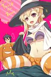  blonde_hair blush breasts halloween hanao_(kuma-tan_flash!) hat jack-o'-lantern kantai_collection long_hair medium_breasts multiple_girls open_mouth shigure_(kantai_collection) skirt smile striped striped_legwear thighhighs translated trick_or_treat witch_hat yuudachi_(kantai_collection) 