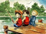  3boys 89139804364 blonde_hair brothers brown_hair fishing fishing_pole fishing_rod missing_tooth monkey_d_luffy multiple_boys one_piece outdoors portgas_d_ace sabo_(one_piece) siblings sitting trio water younger 