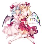  bat_wings blonde_hair blue_hair crystal family flandre_scarlet frills hat hat_ribbon high_heels hug jpeg_artifacts looking_at_viewer mary_janes mob_cap moneti_(daifuku) multiple_girls one_eye_closed open_mouth ponytail puffy_sleeves red_eyes remilia_scarlet ribbon sash shirt shoes short_hair short_sleeves siblings side_ponytail simple_background sisters skirt skirt_set thighhighs touhou vest white_background white_legwear wings wrist_cuffs zettai_ryouiki 