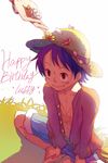 1boy 2boys birthday bracelet brothers denim denim_shorts flower hat indian_style jewelry long_sleeves male male_focus mino_cat monkey_d_luffy multiple_boys one_piece open_clothes open_shirt portgas_d_ace red_shirt sandals scar shirt shorts siblings sitting solo solo_focus straw_hat time_paradox 