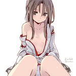  amagai_tarou blush brown_eyes brown_hair character_name collarbone flat_chest hair_censor japanese_clothes kantai_collection long_hair looking_at_viewer off_shoulder open_clothes open_shirt shirt simple_background sitting solo twitter_username white_background zuihou_(kantai_collection) 