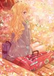  bag bench blonde_hair blue_eyes cherry_blossoms coat drink drinking_straw from_behind grey_eyes instrument_case jacket juice_box long_hair looking_back miyazono_kawori outdoors petals pleated_skirt school_bag school_uniform shigatsu_wa_kimi_no_uso sitting skirt smile solo sticker vebonbon 