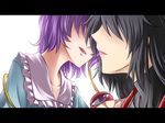  black_hair eyelashes frilled_shirt_collar frills imminent_kiss komeiji_satori letterboxed lips long_hair m.u.g.e.n multiple_girls nontraditional_miko original purple_hair samuimu scar sendai_hakurei_no_miko short_hair sideways_mouth third_eye touhou yuri 