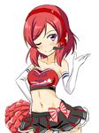  ;) cheerleader elbow_gloves gloves hairband headset love_live! love_live!_school_idol_project masakichi_(crossroad) microphone midriff nishikino_maki one_eye_closed pom_poms purple_eyes red_hair short_hair smile takaramonozu 