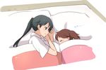  bad_id bad_pixiv_id black_eyes black_hair blush brown_hair closed_eyes futon houshou_(kantai_collection) kantai_collection kisetsu long_hair motherly multiple_girls ponytail ryuujou_(kantai_collection) sleeping smile twintails younger 