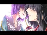  black_hair eyelashes frilled_shirt_collar frills imminent_kiss komeiji_satori letterboxed lips long_hair m.u.g.e.n multiple_girls nontraditional_miko original purple_hair samuimu scar sendai_hakurei_no_miko short_hair sideways_mouth third_eye touhou yuri 