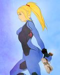  1girl ass blonde_hair blue_eyes bodysuit breasts erect_nipples gun long_hair medium_breasts metroid mike_grygier nintendo nipples one_leg_raised ponytail samus_aran simple_background skin_tight solo weapon zero_suit 