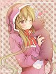  blush cat green_hair heart hood hoodie kagerou_project kido_tsubomi long_hair march-bunny one_eye_closed smile solo 