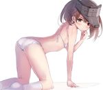  all_fours ass bare_shoulders bikini blush brown_eyes brown_hair commentary flat_ass flat_chest from_side kantai_collection looking_at_viewer md5_mismatch no_shoes ryuujou_(kantai_collection) short_hair socks solo sumisu_(mondo) swimsuit twintails visor_cap white_background white_bikini white_legwear 