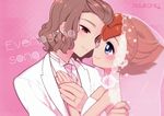  bare_shoulders blue_eyes brown_hair choker crossdressing dress english formal heart husband_and_husband inazuma_eleven_(series) inazuma_eleven_go jewelry male_focus matsukaze_tenma multiple_boys necktie pink_background red_eyes ring shindou_takuto smile suit tooru veil wedding_dress yaoi 