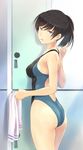  amagami ass black_eyes black_hair blush competition_swimsuit from_behind highres long_hair looking_back one-piece_swimsuit open_mouth ponytail short_ponytail solo swimsuit towel tsukahara_hibiki wa_(genryusui) 