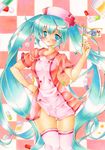  blue_eyes blue_hair blush checkered checkered_background chinako hat hatsune_miku holding koiiro_byoutou_(vocaloid) long_hair marker_(medium) nurse nurse_cap open_mouth pill solo thighhighs thighs traditional_media twintails very_long_hair vocaloid 