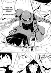  4girls :d absurdres aikiyun blake_belladonna cape comic crossover english greyscale gundam highres long_hair mobile_suit_gundam monochrome multiple_girls open_mouth parody roman_torchwick ruby_rose rwby short_hair smile weiss_schnee yang_xiao_long zaku zaku_ii |_| 