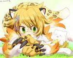  :o animal_ears bad_id bad_pixiv_id blonde_hair cat_ears cat_tail claws facepaint fang fur_trim fuu_(p&amp;d) grass green_eyes hair_ornament looking_at_viewer lying on_stomach paws puzzle_&amp;_dragons short_hair solo star tail tamadra twitter_username yamanashi_taiki 