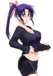  1girl black_hair black_shirt black_shorts breasts cleavage collarbone commentary_request cropped_legs eyebrows_visible_through_hair gym_shorts hair_ribbon hannpen5500 kousaka_shigure long_hair long_sleeves looking_at_viewer medium_breasts navel parted_lips pink_ribbon ponytail purple_eyes ribbon shijou_saikyou_no_deshi_ken&#039;ichi shirt shirt_lift shorts simple_background solo v-neck white_background 