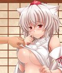  animal_ears areola_slip areolae blush breasts detached_sleeves embarrassed hasu_(hk_works) hat inubashiri_momiji large_breasts red_eyes short_hair silver_hair solo tail tokin_hat touhou underboob undressing wolf_ears wolf_tail 