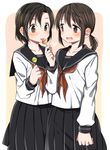  :p black_hair blush brown_eyes candy collarbone eyebrows_visible_through_hair feeding food hachiko_(hati12) hair_between_eyes heart licking lollipop long_sleeves multiple_girls original school_uniform serafuku short_hair short_twintails simple_background skirt tongue tongue_out twintails 