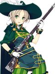  belt boots cape contrapposto cowboy_shot gloves green_cape green_eyes green_legwear gun hat hat_feather hisho_collection holding holding_weapon light_brown_hair looking_at_viewer mmu musket official_art open_mouth short_hair silver_hair smile solo standing striped striped_legwear thigh_boots thighhighs vertical-striped_legwear vertical_stripes weapon white_background white_gloves 