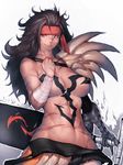  abs black_hair breasts brown_eyes cleavage covered_nipples final_fantasy final_fantasy_x fumio_(rsqkr) genderswap genderswap_(mtf) headband jecht large_breasts long_hair looking_at_viewer muscle muscular_female navel scrunchie single_bare_arm smile solo sword tattoo topless weapon 