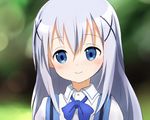  blue_eyes blue_hair blush gochuumon_wa_usagi_desu_ka? hair_ornament hairclip kafuu_chino long_hair looking_at_viewer rabbit_house_uniform smile sora_to_umi x_hair_ornament 