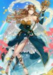  bracelet breasts bridal_gauntlets brown_eyes brown_hair cleavage cross-laced_footwear dress elbow_gloves flower fujiwara_truffe gloves hair_flower hair_ornament highres irish_mythology jewelry large_breasts legs long_hair petals rainbow rosmerta_(mythology) shingoku_no_valhalla_gate smile solo staff tattoo wings 