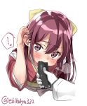  1girl bangs blush bow commentary_request eating ebifurya eyebrows_visible_through_hair food hair_between_eyes hair_bow hair_ribbon hakama highres japanese_clothes kamikaze_(kantai_collection) kantai_collection long_hair looking_at_viewer open_mouth pink_hakama purple_eyes purple_hair ribbon saliva sexually_suggestive simple_background standing steam white_background 