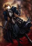  aaeru armor armored_dress artoria_pendragon_(all) black_armor blonde_hair dark_excalibur dress fate/stay_night fate_(series) highres saber_alter solo sword weapon yellow_eyes 