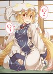  ? blonde_hair blush breasts commentary_request dress fang fox_tail hat highres large_breasts long_sleeves looking_at_viewer multiple_tails open_mouth pillow_hat seiza sitting solo spoken_question_mark tabard tail tamahana touhou white_dress wide_sleeves yakumo_ran yellow_eyes 