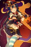  bad_id bad_twitter_id blue_hair blush bow english fingerless_gloves gloves halloween hat hat_bow jack-o'-lantern long_hair looking_at_viewer love_live! love_live!_school_idol_project midriff miseo_(mrkglove) navel one_eye_closed skirt solo sonoda_umi striped striped_legwear thighhighs trick_or_treat witch_hat yellow_eyes 
