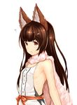  :&lt; ? animal_ears areola_slip areolae aster_(granblue_fantasy) bangs bare_shoulders black_hair blunt_bangs blush bow breasts brown_eyes buttons dress erune fox_ears from_side granblue_fantasy hair_ornament hairclip kabocha_head lace long_hair looking_at_viewer no_bra ribs sash scarf sideboob simple_background sleeveless small_breasts solo very_long_hair white_background white_dress 