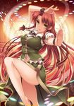  :o arm_over_head arm_up bad_id bad_twitter_id bare_legs braid breasts dress fighting_stance green_eyes hong_meiling jpeg_artifacts large_breasts leg_up long_hair looking_at_viewer magic_circle moneti_(daifuku) outstretched_arm red_hair side_slit solo spell_card touhou twin_braids very_long_hair 
