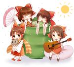  acoustic_guitar bad_id bad_nicoseiga_id benikurage bow brown_eyes brown_hair cat choco_ice cookie_(touhou) cup detached_sleeves fan guitar hair_bow hair_tubes hakurei_reimu instrument kanna_(cookie) mug multiple_girls multiple_persona open_mouth reu ribbon ribbon_trim sananana scarf short_hair skirt smile sun touhou yellow_eyes 