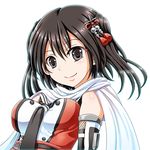  bangs black_eyes blush breasts brown_hair double-breasted hair_ornament highres kantai_collection looking_at_viewer medium_breasts necktie remodel_(kantai_collection) scarf sendai_(kantai_collection) short_hair smile solo tk8d32 two_side_up upper_body white_background white_scarf 