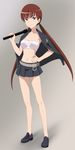  blazer brown_hair full_body hand_on_hip highres jacket long_hair long_legs looking_at_viewer midriff musujime_awaki navel red_eyes sarashi school_uniform shoes simple_background skirt smile_(rz) to_aru_majutsu_no_index twintails 