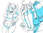  blush_stickers breasts gundam gundam_build_fighters gundam_build_fighters_try hands_on_hips heart large_breasts long_hair looking_at_viewer monochrome natsumi_hajime sazaki_kaoruko smile solo stick_figure thighs twintails 