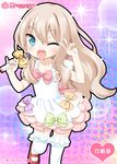  ;d blonde_hair blue_eyes blush bow eyebrows_visible_through_hair heart holding holding_microphone kawamura_reo leg_garter leg_up long_hair looking_at_viewer microphone one_eye_closed open_mouth ribbon smile solo sono_hanabira_ni_kuchizuke_wo standing standing_on_one_leg thighhighs v_over_eye white_legwear 