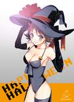  artist_name black_gloves breasts brown_hair cleavage elbow_gloves english flipped_hair gloves grey_eyes halloween halloween_costume happy_halloween hat hiei_(kantai_collection) kantai_collection large_breasts looking_at_viewer saki_(little_crown) short_hair signature smile solo witch_hat 