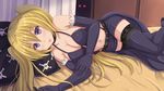 :p babydoll belt black_footwear black_gloves black_legwear blonde_hair blush boots breasts choker cleavage elbow_gloves gloves kazenokaze large_breasts lieselotte_sherlock long_hair looking_at_viewer lying navel on_bed on_side pillow purple_eyes short_shorts shorts solo thigh_boots thighhighs tongue tongue_out trinity_seven twintails 