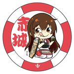  :q akagi_(kantai_collection) alson bowl brown_eyes brown_hair chibi chopsticks flight_deck food food_on_face holding japanese_clothes kantai_collection long_hair muneate pleated_skirt rice rice_bowl rice_on_face sitting skirt smile solo tongue tongue_out translation_request 