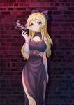  ayase_eli bare_legs blonde_hair blue_eyes bow breasts brick_wall cigarette cleavage_cutout dress earrings elbow_gloves emia_wang gloves hair_bow jewelry large_breasts long_hair love_live! love_live!_school_idol_project purple_bow purple_dress smoking solo wall white_gloves 