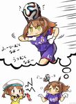  :3 alternate_costume ball batsubyou blush_stickers bow brown_hair cat comic error_musume girl_holding_a_cat_(kantai_collection) gloves green_eyes hair_bow hair_ribbon hat headgear highres holding kantai_collection multiple_girls mutsu_(kantai_collection) referee ribbon short_hair soccer_ball soccer_uniform sportswear sweat tanaka_kusao translation_request twintails whistle white_gloves 