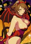  antennae bare_shoulders breasts brown_eyes brown_hair cleavage cosplay demon_girl demon_tail demon_wings female gloves hair_ornament halloween highleg highres horns kantai_collection kuroiani large_breasts leotard lipstick makeup mutsu_(kantai_collection) night red_gloves red_lipstick short_hair solo standing tail wings 