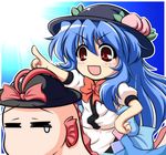  :d =_= blue_hair bow food fruit hand_on_hip hat hinanawi_tenshi long_hair nagae_iku nagae_iku_(fish) nullpooo oarfish open_mouth peach pointing red_eyes riding smile tears touhou v-shaped_eyebrows 