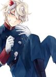  aldnoah.zero blonde_hair blue_eyes blush cream food food_on_face fruit gloves male_focus military military_uniform slaine_troyard solo strawberry uniform zozakura 