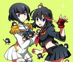  aosa_(michikusakan) black_hair blue_eyes chibi chibi_inset dress epaulettes gloves junketsu kill_la_kill kiryuuin_satsuki mankanshoku_mako matoi_ryuuko midriff minigirl multiple_girls school_uniform scissor_blade senketsu serafuku short_hair single_glove skirt suspenders sword weapon 