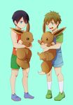  bad_id bad_pixiv_id black_hair blue_eyes brown_hair carrying child crossover eevee free! full_body gen_1_pokemon green_eyes male_focus multiple_boys nanase_haruka_(free!) open_mouth pokemon pokemon_(creature) ronisuke smile tachibana_makoto younger 