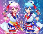  1girl blue_hair blush braid brother_and_sister dorothy_west dress hands_together hat kannagi_kaname leona_west looking_at_viewer mole mole_under_eye open_mouth otoko_no_ko pink_eyes pink_hair pretty_(series) pripara purple_eyes short_hair siblings smile star thighhighs twins wand 